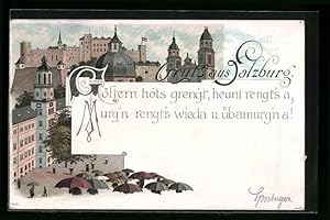 Bild des Verkufers fr Lithographie Salzburg, Goestern hots grengt, heunt rengt`s a., Stadtblick bei Regenwetter zum Verkauf von Bartko-Reher