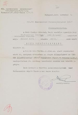 Bild des Verkufers fr Schutz Pass signed by Wallenberg zum Verkauf von Fldvri Books