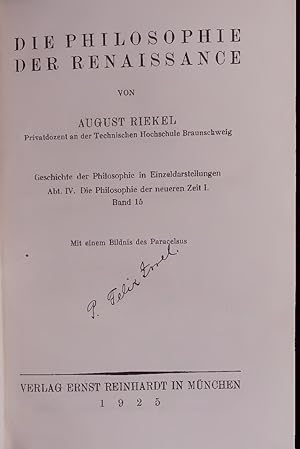 Seller image for Die Philosophie Der Renaissance. Geschichte der Philosophie in Einzeldarstellungen Abt. IV. Die Philosophie der neueren Zeit I. Band 15 for sale by Antiquariat Bookfarm