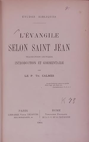 Bild des Verkufers fr L VANGILE SELON SAINT JEAN. zum Verkauf von Antiquariat Bookfarm