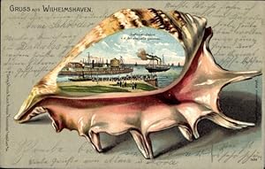 Präge Muschel Litho Wilhelmshaven in Niedersachsen, Hafeneinfahrt von der Strandhalle gesehen