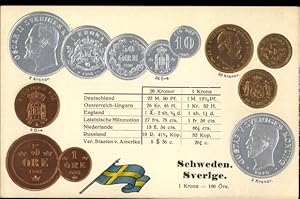 Bild des Verkufers fr Prge Ansichtskarte / Postkarte Schweden, Mnzen, Fahne, Krona zum Verkauf von akpool GmbH