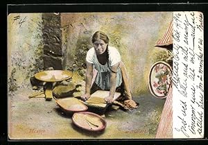 Postcard Mexico, Tortillera, Frau bereitet Brote zu