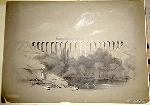Steam Train over a Viaduct, c1840. Original pencil/charcoal drawing with white highlights