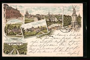 Lithographie Solingen, Generalansicht der Stadt, die Post, Blick auf Münsgen, an der Eisenbahnbrücke