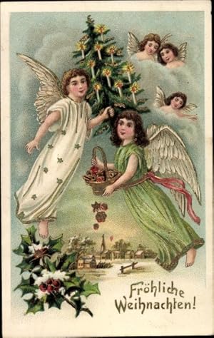 Präge Ansichtskarte / Postkarte Glückwunsch Weihnachten, Engel, Weihnachtsbaum und Stechpalme
