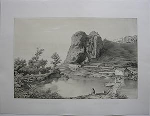 Bild des Verkufers fr Bagni di Rocca S. Stefano - Baad St. Stephan". Getnte Orig Lithografie von August Tischbein (1809-1855), bei Linassi, Triest. 28 x 33,5 cm. Blattgre 40,5 x 53 cm, links unten im Stein signiert. zum Verkauf von Antiquariat Werner Steinbei