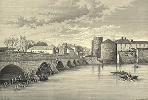 Thomond Bridge and King John's Castle in Limerick in the province of Munster, Ireland,1881 Antiqu...