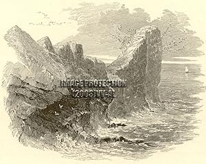 The Worm's Head on the Gower Peninsula in South Wales, United Kingdom,1881 Antique Print