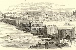 Old London Bridge in London, England,1881 Antique Print