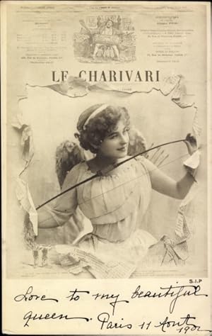 Zeitungs Ansichtskarte / Postkarte Le Charivari, Frau als Engel mit Bogen, Amor