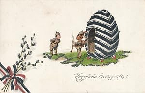 Glitzer Ansichtskarte / Postkarte Glückwunsch Ostern, Osterhase hält Wache, Weidenkätzchen, Osterei