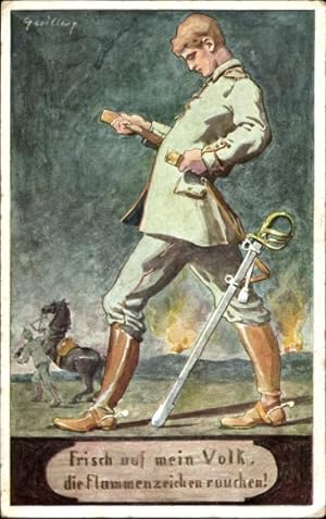 Ansichtskarte / Postkarte Soldat zieht in den Kampf, Frisch auf mein Volk, die Flammenzeichen rau...