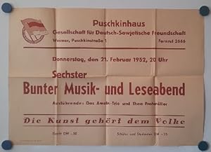 Original-Plakat Puschkinhaus. Gesellschaft für Deutsch-Sowjetische Freundschaft in Weimar am 21. ...