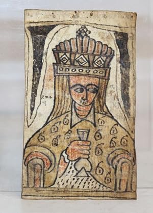 Miniature peinte en couleurs sur peau de vélin représentant une sainte ou la Vierge couronnée ten...