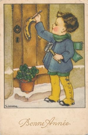 Glitzer Künstler Ansichtskarte / Postkarte Gougeon, L., Glückwunsch Neujahr, Junge hängt einen Hu...