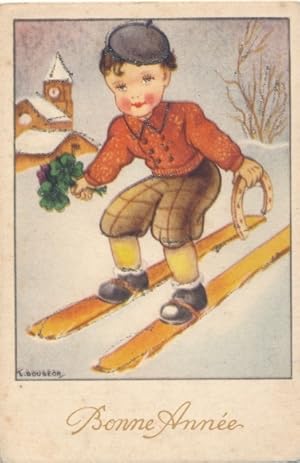 Glitzer Künstler Ansichtskarte / Postkarte Gougeon, L., Glückwunsch Neujahr, Junge fährt Ski, Huf...