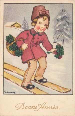 Glitzer Künstler Ansichtskarte / Postkarte Gougeon, L., Glückwunsch Neujahr, Mädchen fährt Ski, G...