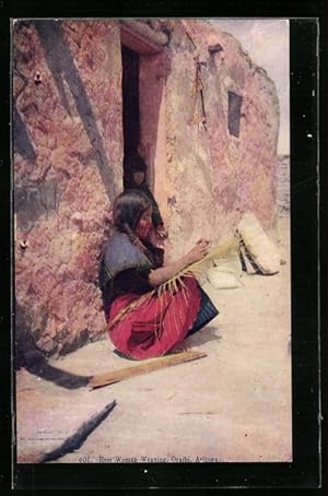 Künstler-Ansichtskarte Oraibi, Hopi Woman weaving
