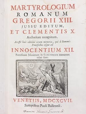 Bild des Verkufers fr Martyrologium Romanum Gregorii XIII. iussu editum, et Clementis 10. auctoritate recognitum. Accessit huic editioni eorum memoria, qui a summis pontificibus usque ad Innocentium XII. zum Verkauf von Gabriele Maspero Libri Antichi