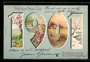 Bild des Verkufers fr Ansichtskarte Jahreszahl 1901 zeigt Frhling, Sommer, Herbst und Winter, Frhliches Neues Jahr zum Verkauf von Bartko-Reher