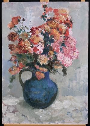 Gartenblumenstrauß in blauer Vase, 20. Jh.