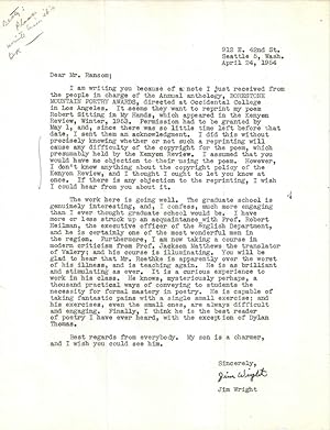 TYPED LETTER SIGNED (TLS) to John Crowe Ransom Praising Theodore Roethke