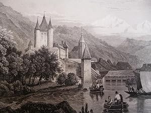 Orig. Stahlstich: Thun Schweiz Thuner See Schloss by C. Frommel / H. Winkles