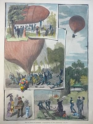 original kolorierter Holzstich - Aus der Saison des Luftballons ( Fesselballon )