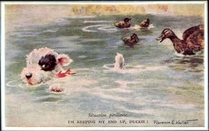 Künstler Ansichtskarte / Postkarte Valler, F. E., Hund und Enten im Wasser