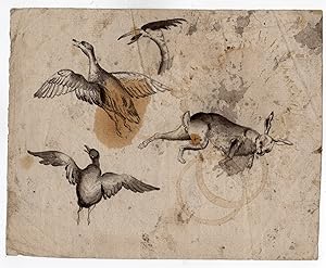 Antique Drawing-ANIMAL-RABBIT-GOOSE-DUCK-HERON-Anonymous-Wijntrack-c.1675