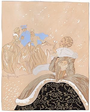 Antique Drawing-GOWN-DRESS-FASHION-POCHOIR-LADIES-BINOCLE-Marechaux-ca.1900