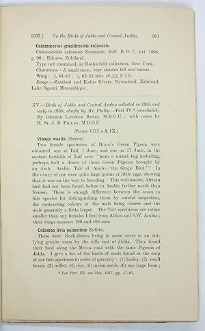 Image du vendeur pour Birds of Jidda and Central Arabia collected in 1934 and early in 1935, chiefly by Mr. Philby. Part IV (concluded). mis en vente par Antiquariat INLIBRIS Gilhofer Nfg. GmbH