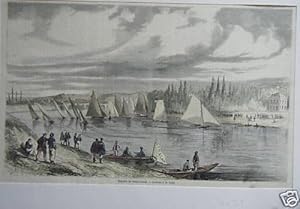 GRAVURE SUR BOIS COULEUR 19ème REGATES DE SAINT CLOUD COURSES A LA VOILE