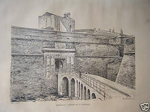 GRAVURE SUR BOIS 19ème PERPIGNAN ENTREE DE LA CITADELLE