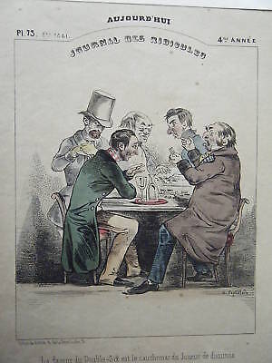 LITHOGRAPHIE COULEUR TIREE DU JOURNAL DES RIDICULES 19ème JOUEURS DE DOMINOS