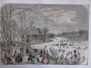 GRAVURE SUR BOIS AQUARELLEE 19ème PATINEURS AU BOIS DE BOULOGNE PARIS