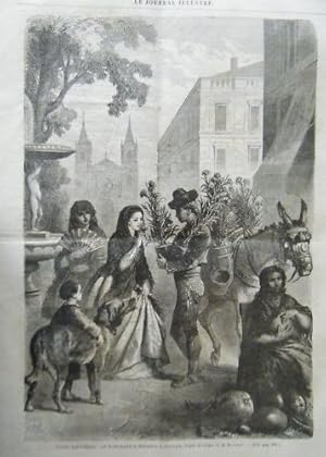 GRAVURE SUR BOIS 19è MARCHAND OEILLETS SEVILLE ESPAGNE