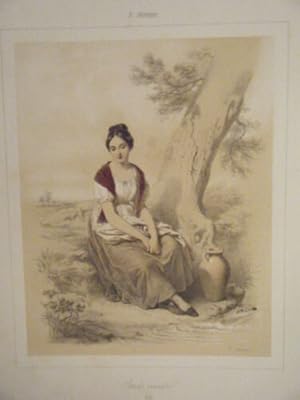 LITHOGRAPHIE DE GRENIER 19ème ETUDES VARIEES JEUNE FILLE