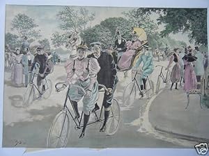 GRAVURE SUR BOIS AQUARELLEE 19ème VELOCIPEDISTES A PARIS AU BOIS DE BOULOGNE