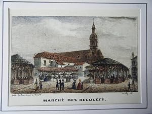 LITHOGRAPHIE GOUACHEE GOMMEE 19ème BORDEAUX MARCHE DES RECOLETS