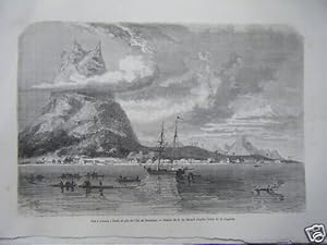 GRAVURE SUR BOIS 19ème RADE ET PIC DE L' ILE DE BORARA