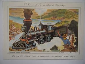 GRAVURE COULEUR 20è LOCOMOTIVE CHASSE BOEUF AMERIQUE