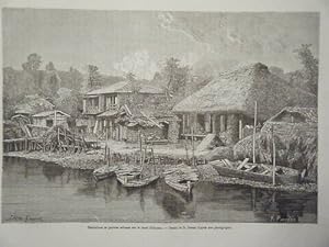 GRAVURE SUR BOIS 1867 HABITATIONS CANAL OMOURA JAPON