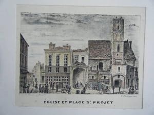 LITHOGRAPHIE GOUACHEE GOMMEE 19ème BORDEAUX EGLISE ET PLACE SAINT PROJET