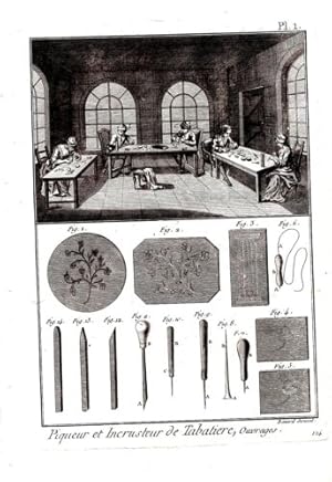 GRAVURE 18ème d' EPOQUE PIQUEUR ET INCRUSTEUR DE TABATIERE OUVRAGES