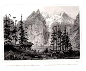 GRAVURE SUR ACIER 19è LE LAC DE OESCHINEN ET LA BLUMLISALP SUISSE