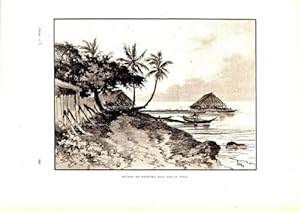 GRAVURE SUR BOIS 19ème RIVAGE DE RAIETEA ILES SOUS LE VENT POLYNESIE