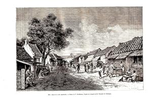 GRAVURE SUR BOIS 19ème VILLE ET LAC DE TONG-HAY VIETNAM