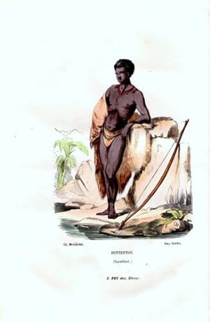 GRAVURE COLORIEE A LA MAIN VERS 1850 VOYAGE LEVAILLANT HOTTENTOT AFRIQUE DU SUD